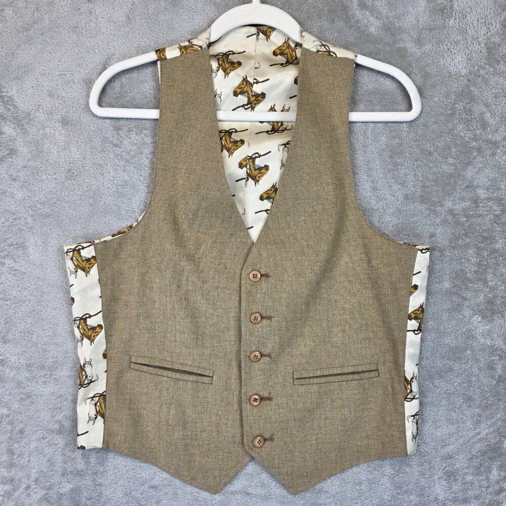 Western Horse Head Vest Mens Medium Brown Tan 5 Button Cowboy Themed 80s Retro